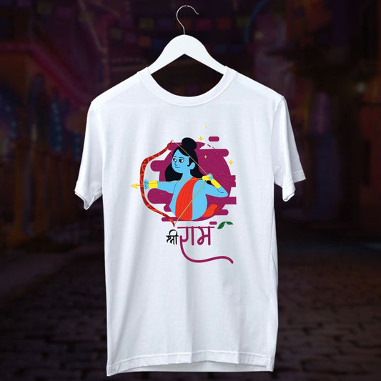 White T-Shirt with a modern graphic illustration of Shri Ram holding a bow and arrow, and "श्री राम" (Shri Ram) written in Devanagari script.