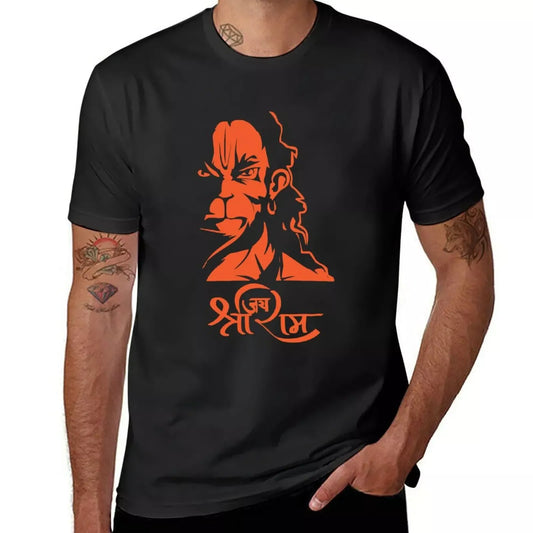 Black T-Shirt with an orange graphic illustration of Hanuman and "Jai Shri Ram" written in Devanagari script.