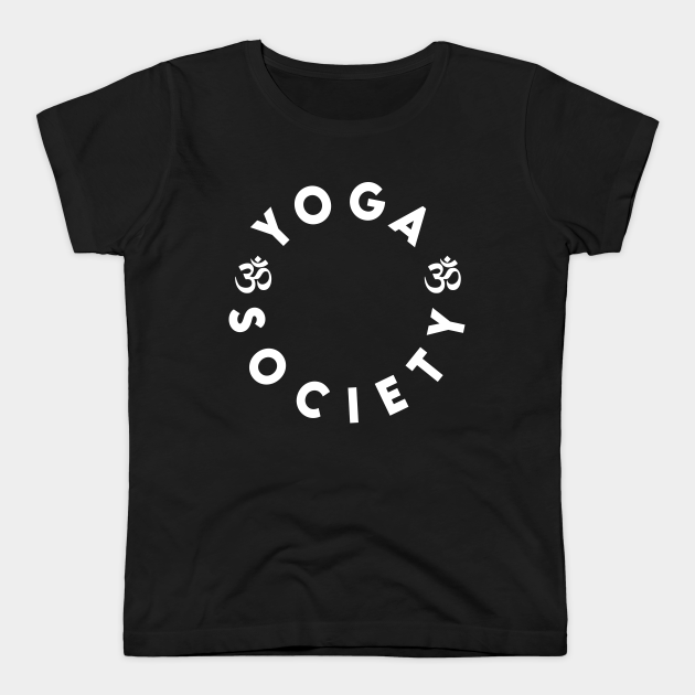 Black t-shirt with "Yoga Society" in a circle and Om symbols.