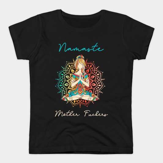 Black women's T-Shirt with a graphic of a woman meditating in a lotus position, set against a colorful mandala, with the word "Namaste" above and "Mother Folks" below.