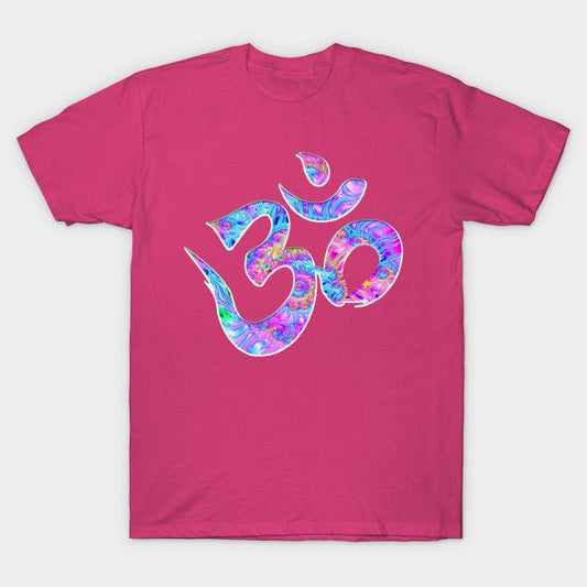 Pink T-Shirt with a colorful, swirling pattern graphic of the Om symbol.