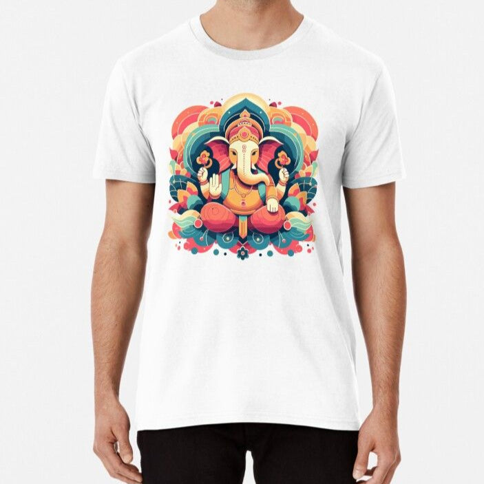 A white t-shirt featuring a vibrant, colorful Ganesh design, a joyful and blessed garment.