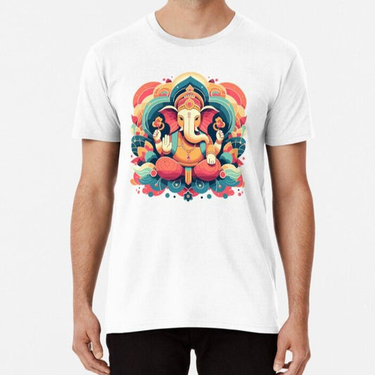 A white t-shirt featuring a vibrant, colorful Ganesh design, a joyful and blessed garment.