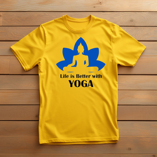 Sunny yellow t-shirt with a blue lotus design framing a meditating figure and the text "Life is Better with YOGA" below.