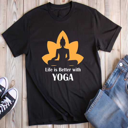 Black t-shirt featuring an orange lotus design with a meditating figure and white text "Life is Better with YOGA", styled with jeans and sneakers.