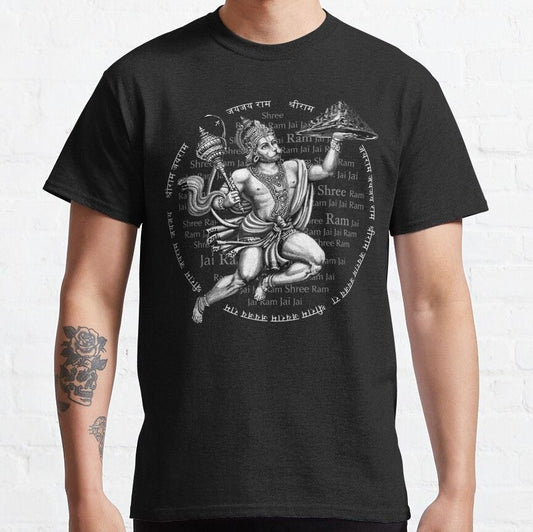 Black T-Shirt with an engraved-style graphic of Hanuman holding a mountain, surrounded by "Ram" mantras in a circular pattern.