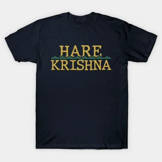 Dark blue t-shirt with "HARE KRISHNA" written in gold-colored, classic font.