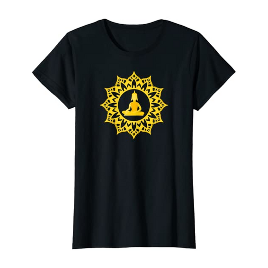 A black t-shirt featuring a golden Buddha and mandala design, a symbol of inner peace and enlightenment.