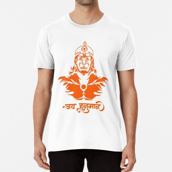 White T-Shirt with an orange graphic illustration of Hanuman's face and "जय हनुमान" (Jai Hanuman) written in orange Devanagari script.