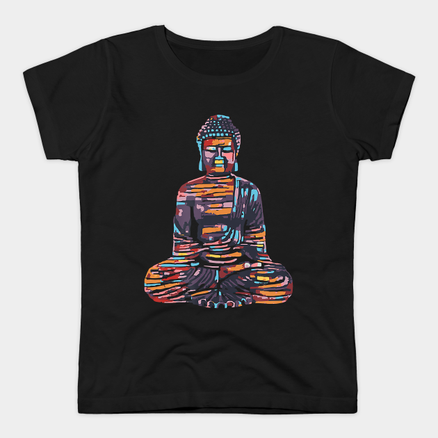 A black t-shirt featuring an abstract, colorful Buddha illustration, a symbol of inner harmony and peace.