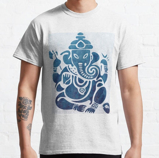 A light grey t-shirt featuring a blue Ganesh illustration, a divine blessing to wear.