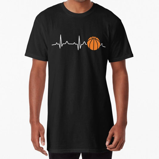 Black T-shirt featuring a white heartbeat line with an orange basketball, perfect for basketball lovers and sports enthusiasts.