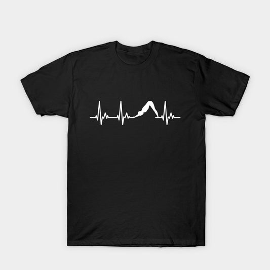 lack t-shirt with a white graphic of a yoga pose integrated into an EKG heartbeat line.