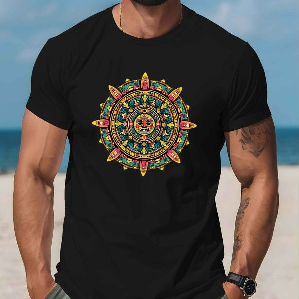 Black T-Shirt with a colorful graphic of Tonatiuh, the Aztec Sun God, in a circular, mandala-like design.