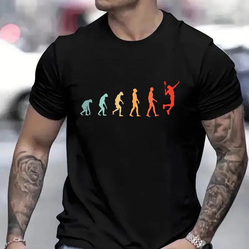 Black t-shirt with a colorful evolution graphic ending in a badminton player, worn by a man.