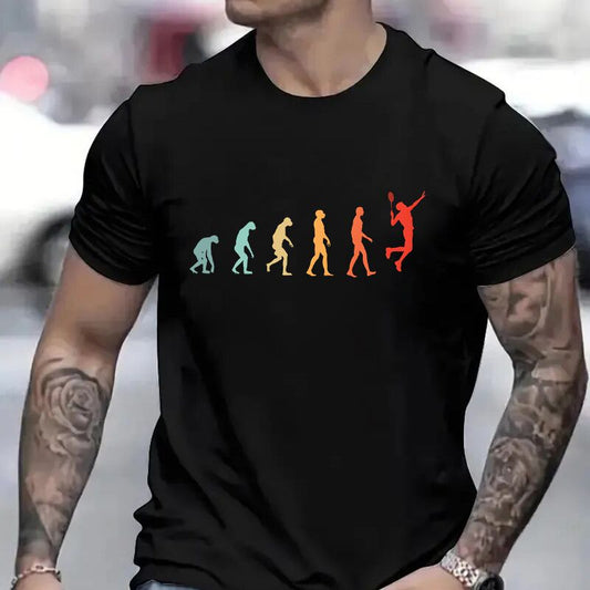 Black t-shirt with a colorful evolution graphic ending in a badminton player, worn by a man.