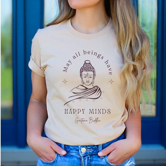 A beige t-shirt with a design of Gautam Buddha and the phrase "May All Beings Have Happy Minds"