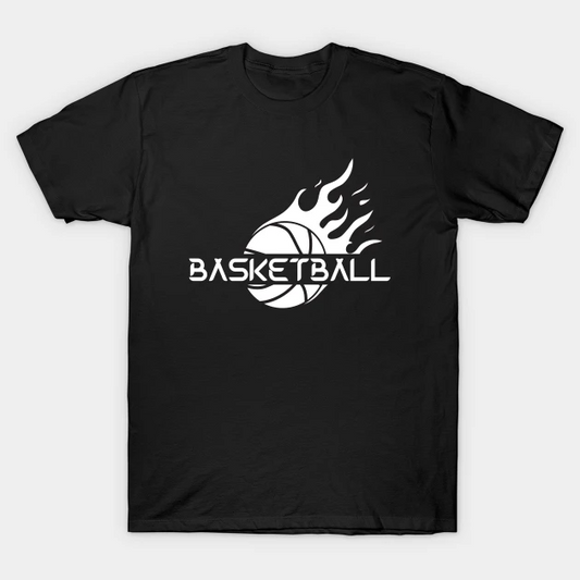 Black T-shirt featuring a white flaming basketball graphic with bold 'Basketball' text, perfect for sports lovers and casual wear.