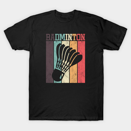 Black t-shirt with "Badminton" text and a retro-style shuttlecock graphic with colorful stripes.