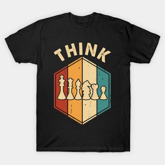 Black t-shirt featuring the word "THINK" above a hexagon divided into red, orange, and teal sections, each containing stylized chess pieces.