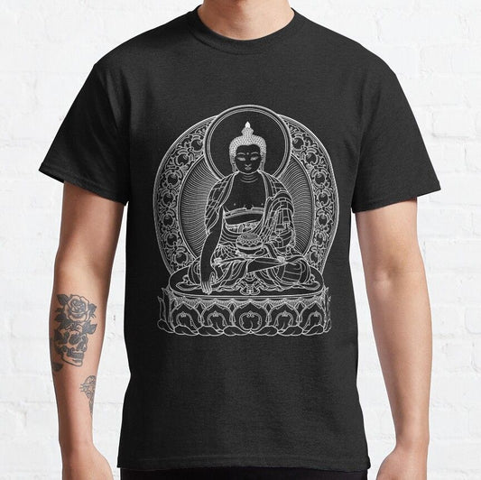 A black t-shirt featuring a white line art depiction of Buddha, a symbol of serenity and wisdom. 