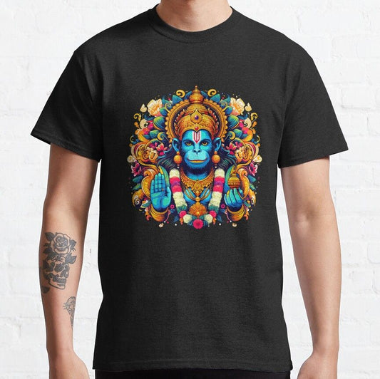 Black T-Shirt with a colorful graphic illustration of Hanuman surrounded by floral patterns.