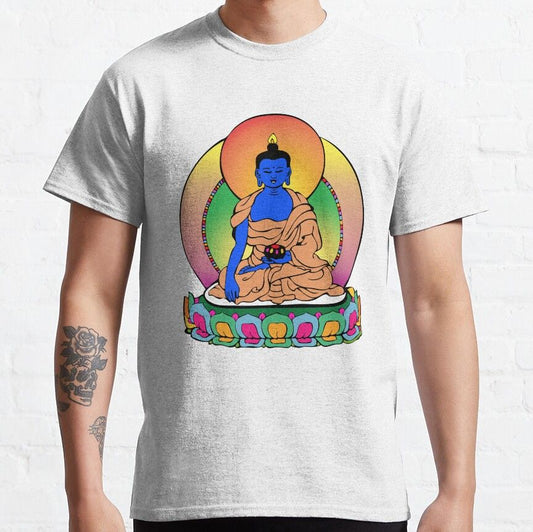 A light grey t-shirt featuring a colorful Buddha illustration, a symbol of serenity and inner peace. 