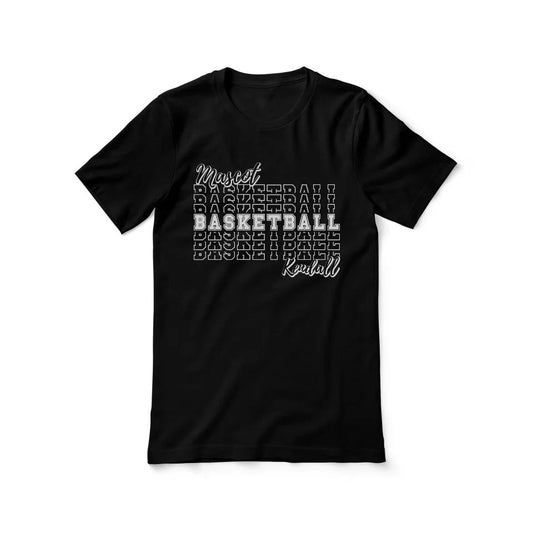 Black T-shirt featuring a stacked 'Basketball' text design with personalized name details, ideal for sports fans and team supporters.