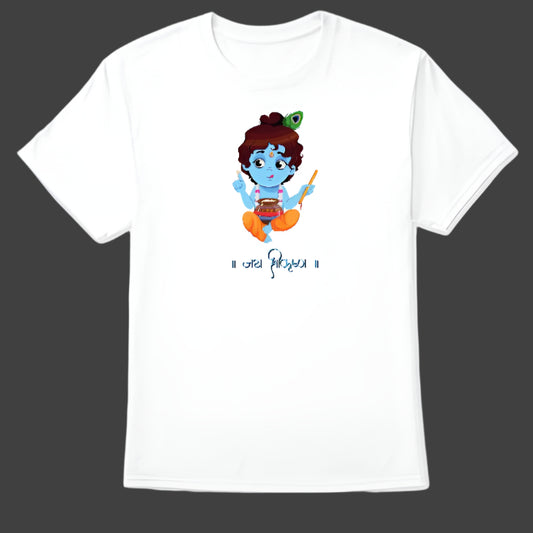 White t-shirt with a cartoon-style illustration of Bal Gopal (baby Krishna) and the mantra "॥ जय श्रीकृष्ण ॥" in Devanagari script below.