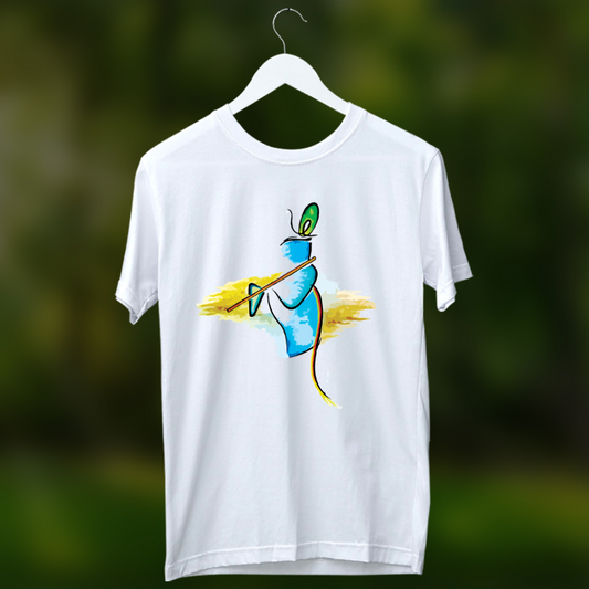 White t-shirt with an abstract, colorful illustration of Krishna's hand playing the flute, featuring a peacock feather.