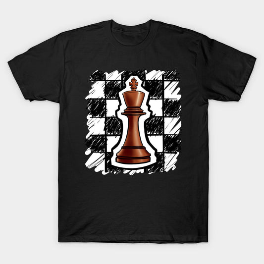 Black t-shirt with a central design of a brown chess king piece against a black and white checkered background, featuring artistic sketch-like strokes.