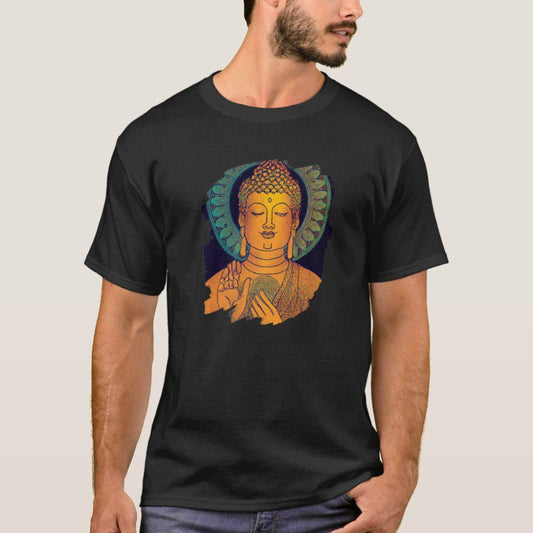 A black t-shirt featuring a radiant Buddha illustration, a symbol of inner peace and enlightenment. 