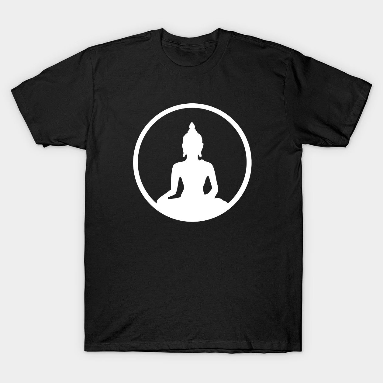 A black t-shirt featuring a white Buddha silhouette within a circle, symbolizing serenity and inner peace.