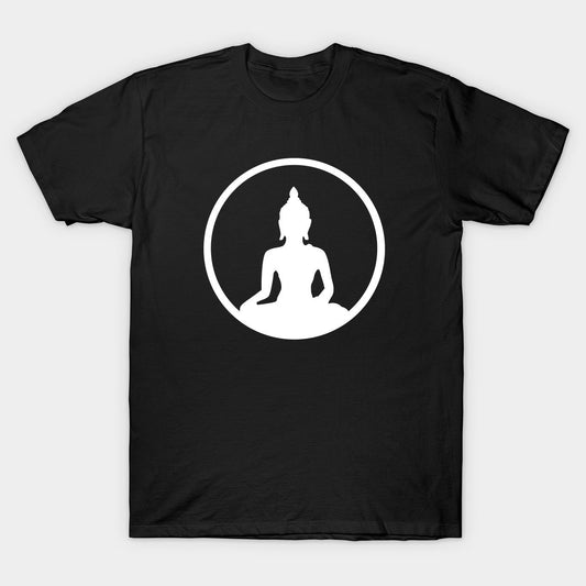 A black t-shirt featuring a white Buddha silhouette within a circle, symbolizing serenity and inner peace.