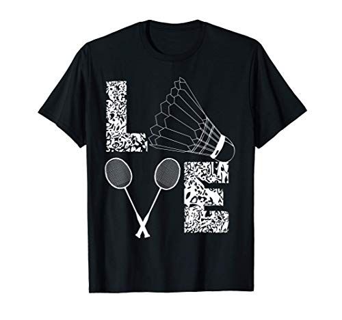 Black t-shirt with "LOVE" spelled out with racquets and a shuttlecock graphic.