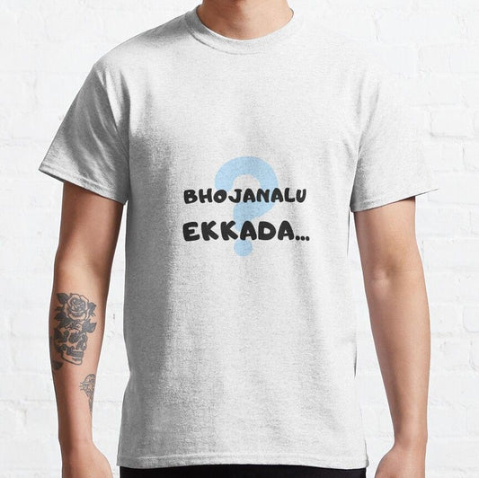 Light gray t-shirt with the Telugu phrase 'Bhojanalu Ekkada...' (Where is the food...) and a question mark graphic. Humorous, food-seeking design on a comfortable t-shirt.