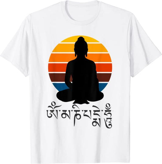 A white t-shirt featuring a Buddha silhouette, sunset, and "Om Mani Padme Hum," a mantra for peace and compassion.