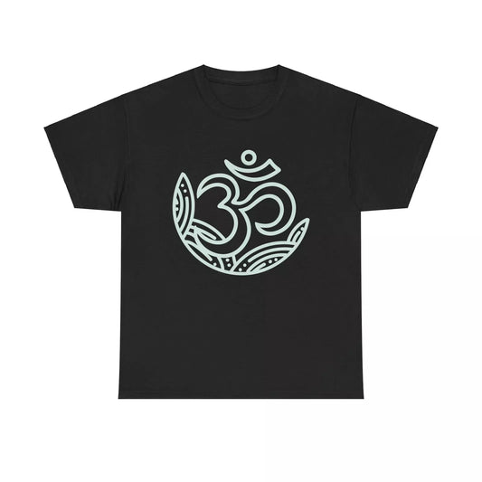 Black T-Shirt with a white minimalist graphic illustration of an Om symbol within a crescent shape.