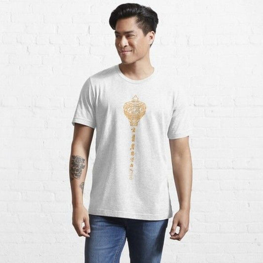 Light gray T-Shirt with a gold graphic illustration of Hanuman's gada (mace) and a mantra written in a stylized script.