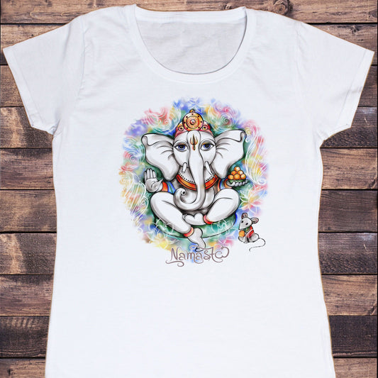 A white t-shirt featuring a vibrant Ganesh illustration with "Namaste," a blessed greeting and symbol of devotion.