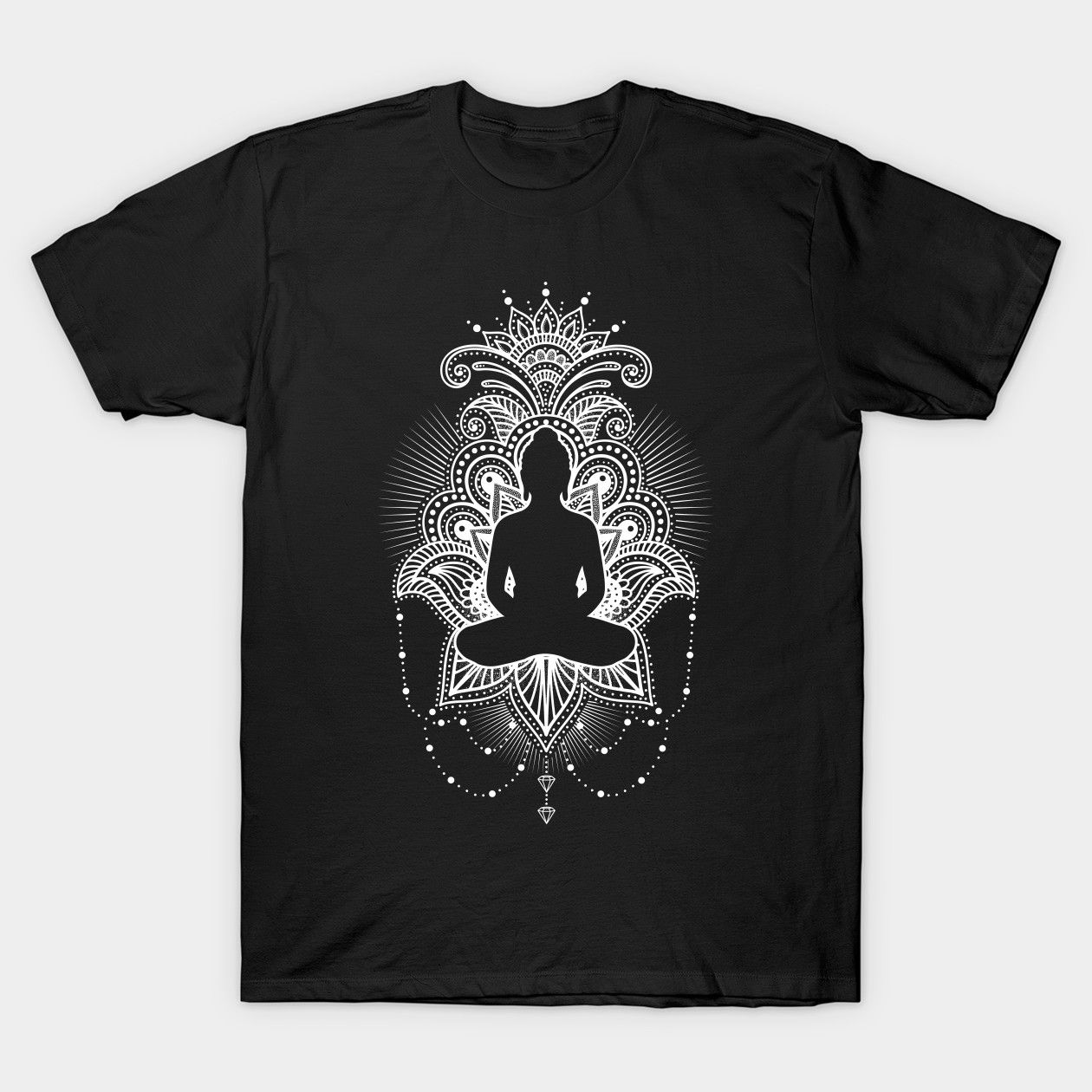 A black t-shirt featuring a white Buddha silhouette and mandala Om design, a symbol of inner peace and harmony.