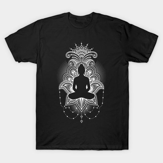 A black t-shirt featuring a white Buddha silhouette and mandala Om design, a symbol of inner peace and harmony.