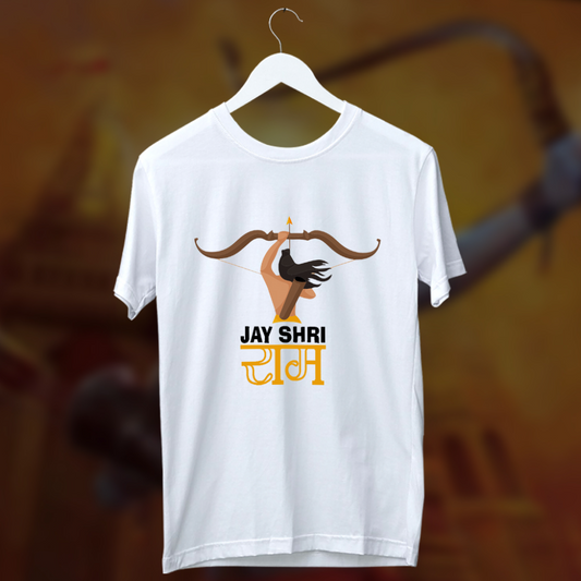 White T-Shirt with a modern graphic illustration of Shri Ram's hand holding a bow and arrow, and "JAY SHRI RAM" written in English and Devanagari script.