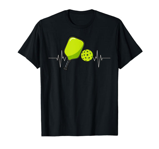 Black t-shirt with pickleball paddle, ball, and heartbeat line graphic.