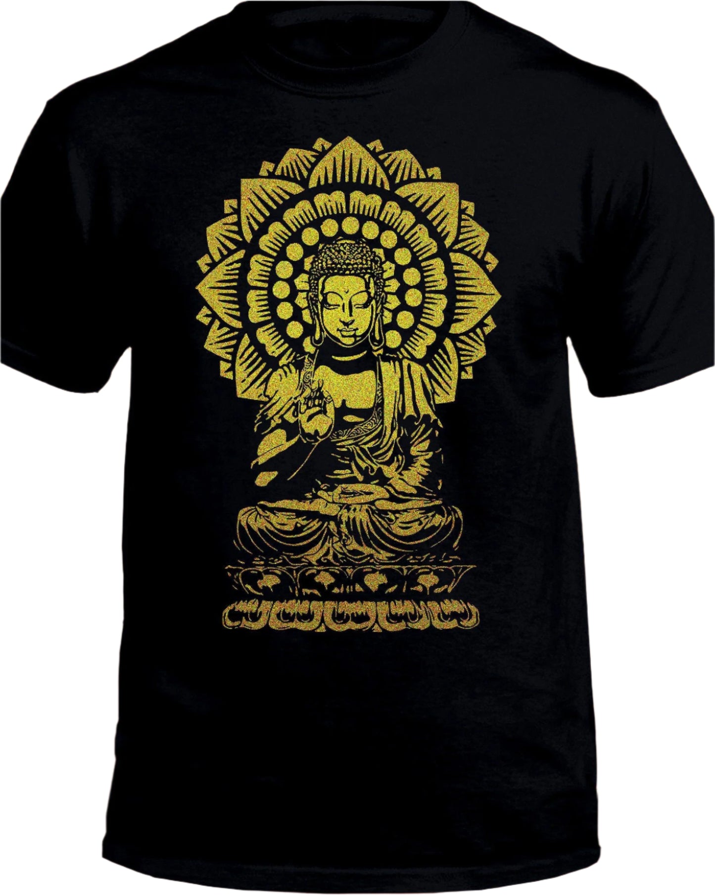 A Black t-shirt featuring a golden Buddha and mandala design, a symbol of inner peace and enlightenment.