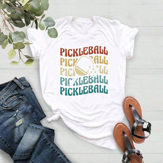 White t-shirt with repeated "Pickleball" text in retro colors.