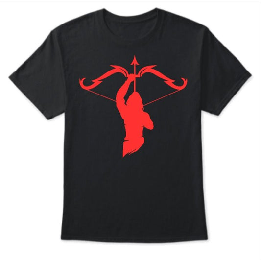 Black T-Shirt with a red silhouette of Shri Ram holding a bow and arrow.