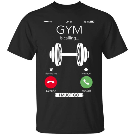 Black T-Shirt Print of Calling Screen as Call from the Gym in White color.