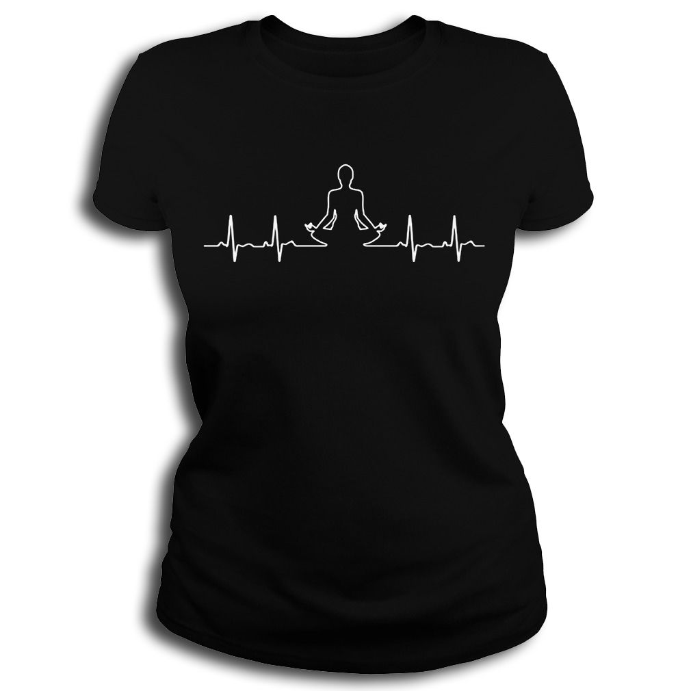 Black women's t-shirt with a white graphic of a meditating figure integrated into an EKG heartbeat line.