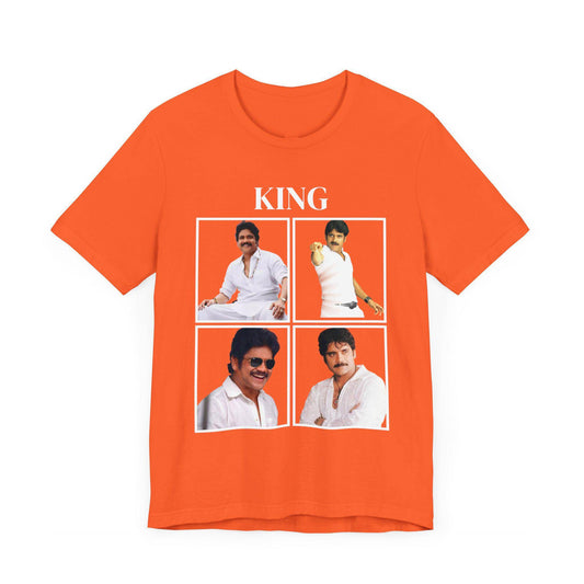 Orange t-shirt with the word 'KING' in white letters above four images of Telugu actor Akkineni Nagarjuna in various poses.  Tribute to the actor on a comfortable t-shirt.